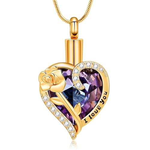 Heart Urn Necklace for Ashes Flower Crystals Cremation Jewelry for Women Purple-Gold