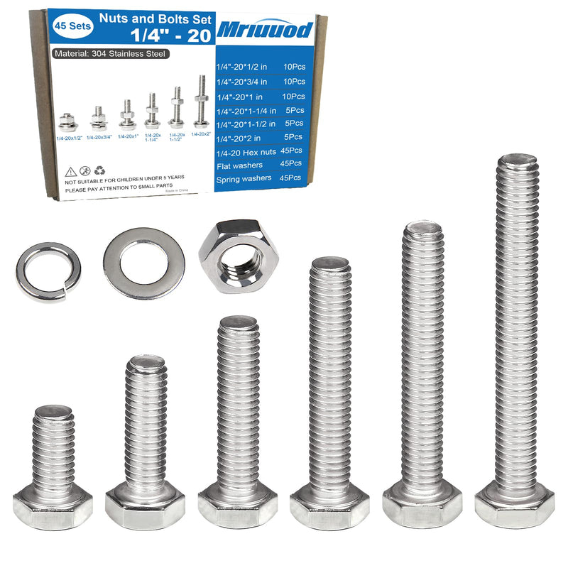 [Australia - AusPower] - 180pcs 1/4-20 Nuts and Bolts Assortment Kit, 1/4"-20 Thread 6 Sizes 2" 1-1/2" 1-1/4" 1" 3/4" 1/2" Long 1/4-20 Hex Bolts, Hex Nuts Flat Washers, Spring Washers SAE 304 Stainless Steel 