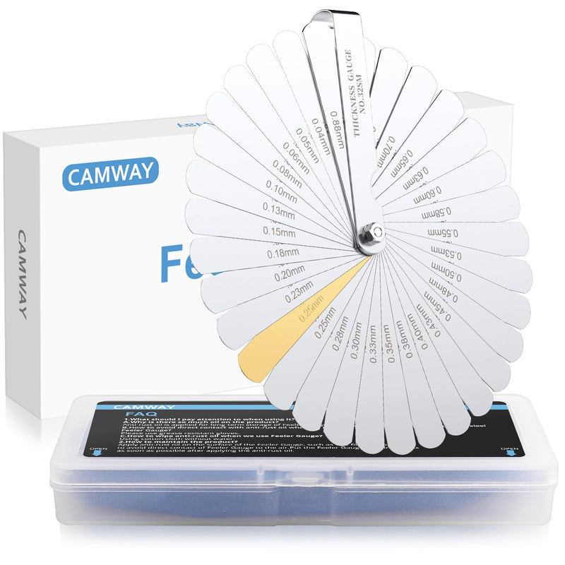 CAMWAY Stainless Feeler Gauge, 32 Blades Stainless Steel Blades High Precision Feeler Gauge Metric / Imperial Tool for Measuring Gap Width/Thickness/Metric Sizes, 0.04-0.88 mm 32 Klingen Fühlerlehren