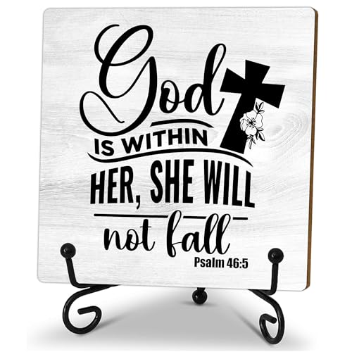 Christian Wooden Sign - God Is Within Her She Well Not Fall - Desk Decor Sign With Stand, Home Office Decor Funny Gifts Office Table Desk Decor Accessories & Supplies, 5X5 Inches-A36