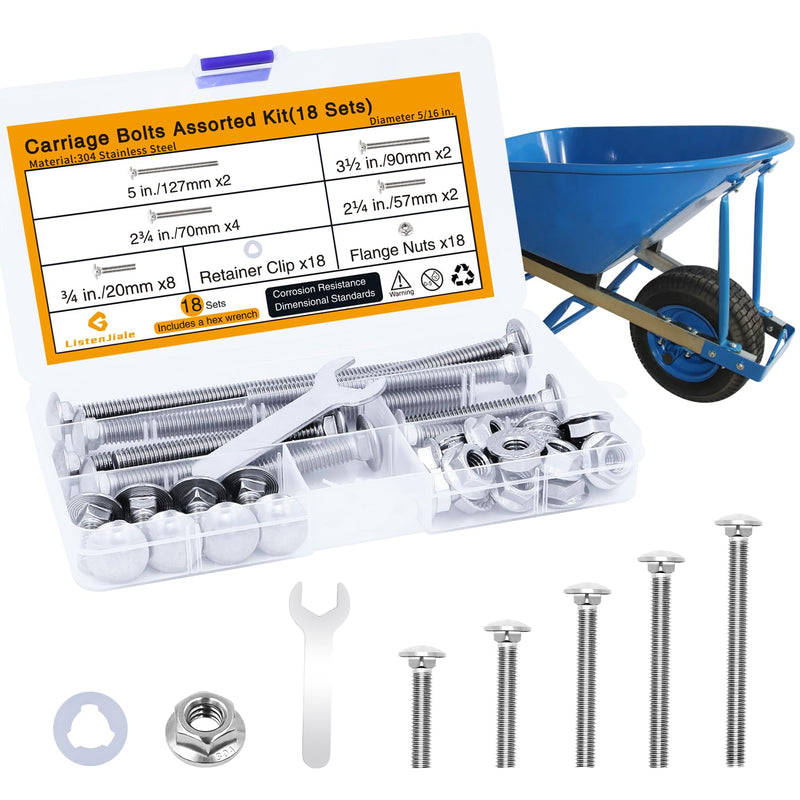 [Australia - AusPower] - Wheelbarrow Carriage Bolts and Nuts Kit,5/16-18 Stainless Steel Carriage Bolts 5",3-1/2",2-3/4",2-1/4",3/4",Flange Hex Nuts,Retainer Clips,Hex Wrench,Wheelbarrow Handles Replacement kit(18 Sets) Carriage Bolts Kit(18 Sets) 