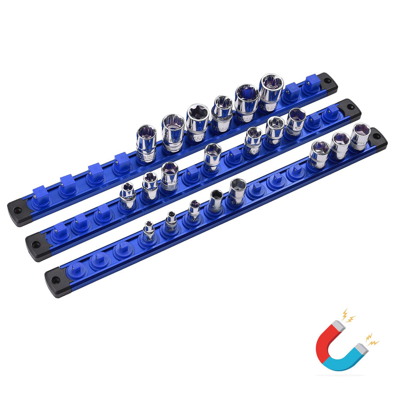 ALOANES Magnetic Socket Organizer Set, 3-Piece Heavy Duty Aluminum Socket Holder Socket Rail Organizer for Tool Box, 360° Swivel Clips Socket Rack 1/4, 3/8, 1/2-Inch x 40 Clips (Blue) 3PC (1/4, 3/8, 1/2-Inch Drive) Blue