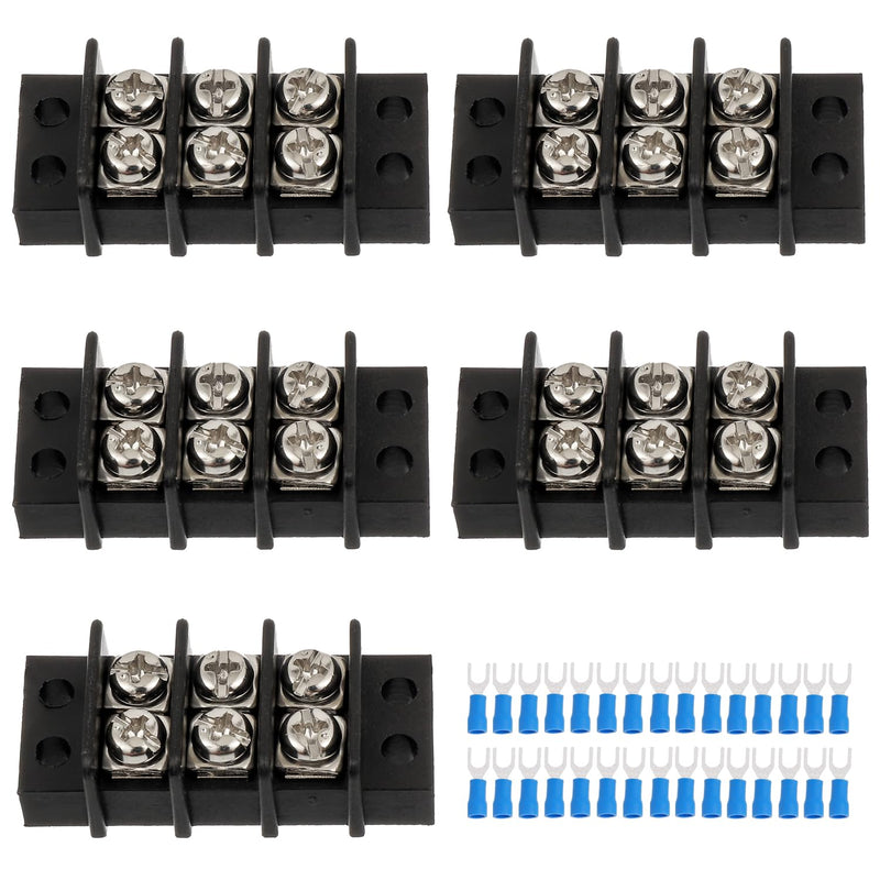 [Australia - AusPower] - 3 Circuits 3 Positions Terminal Block 20-30A 200-450V Dual Row Screw Terminals Strip with 30 PCS Heat Shrink Wire Fork Connectors(Pack of 5pcs) 3 Circuits 