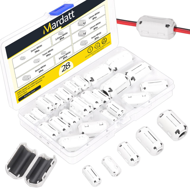 [Australia - AusPower] - 28Pcs 5 Sizes Clip-on Ferrite Ring Core RFI EMI Noise Suppressor Cable Clip for 3.5mm/ 5mm/ 7mm/ 9mm/ 13mm/ Diameter Cable, White 