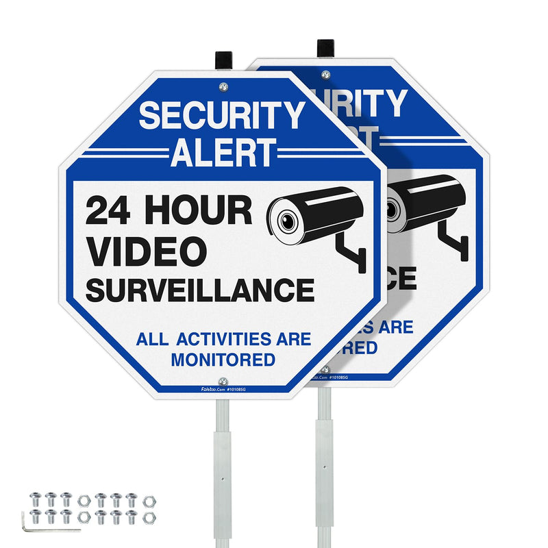 Faittoo Security Sign Video Surveillance Sign with 42" Stake, 2-Pack 10"x10" Rust Free Heavy Aluminum, Reflective, Fade Resistant, 2 Pe-drilled Holes, Includes Matching Screws & Wrench Blue with 42" Stake- 2 Pack