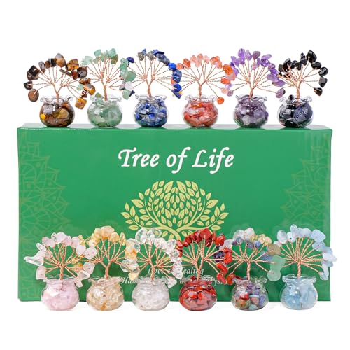 Runyangshi 12pcs Chakra Crystal Tree Set - Fengshui Money Tree with Gemstones, Glass Base, Natural Crystal and Healing Stones for Home Office Decor