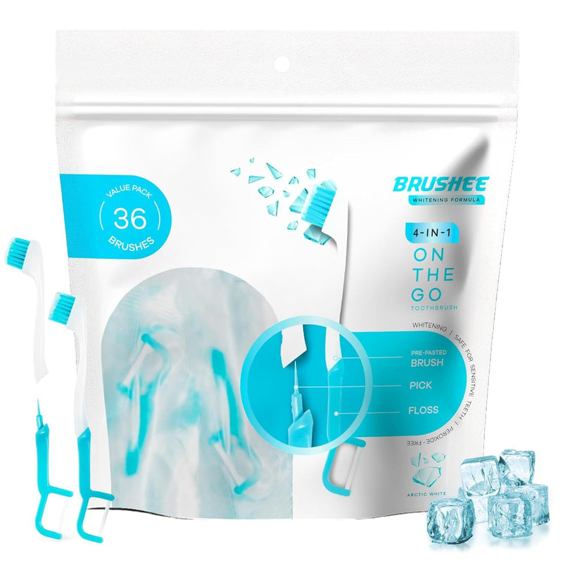Brushee The Evolution Oral Care Whitening | Prepasted On-The-Go Whitening Toothbrushes | 4-in-1 (Paste + Brush + Floss + Pick) | Individually Wrapped | Disposable | Travel Toothbrushes (36-Pack) 36 Count (Pack of 1)