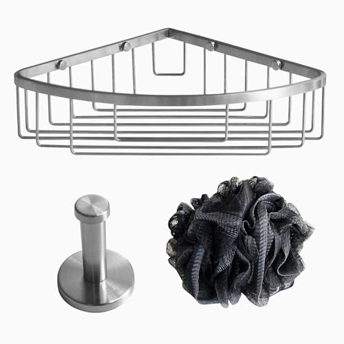 Stainless Steel Wall Mount Shower Caddy, Single Hook & Bath Wipe Waterproof Durable Corner Shower Rack for Bathroom Space Saving Bathroom Organizer & Storage for Shampoos Soap Bath Items Brushed