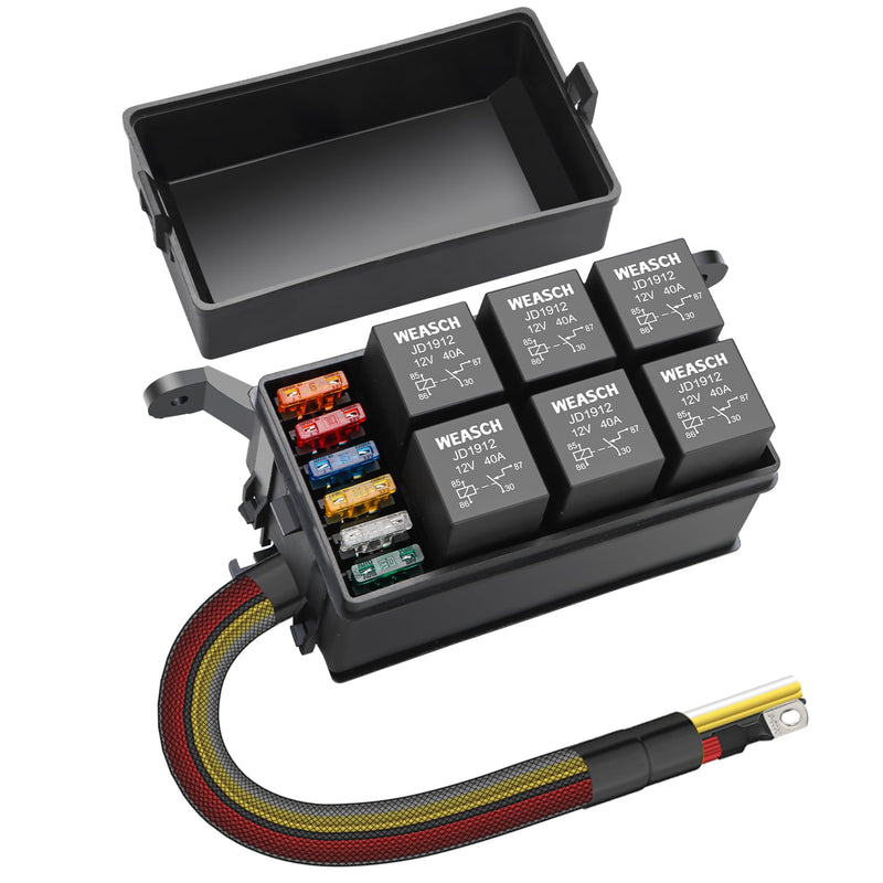 [Australia - AusPower] - 12V Fuse Relay Box, 6 Way Relay Fuse Box, with 12 AWG Pre-Wired, 6 Relays and 6 ATC/ATO Blade Fuses, 4-Pin Relay Box Block Kit, for Cars Truck Marine Boat Jeep (Pre-Wired Fuse/Relay Kit) Pre-wired Fuse/Relay Kit 
