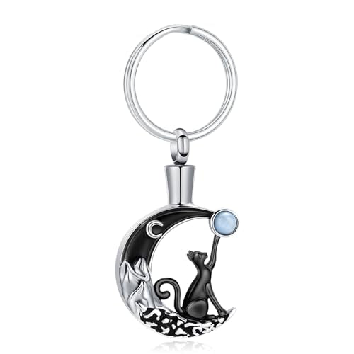 constantlife Cat Moon Urn Necklace for Women Pet Cremation Jewelry for Ashes Stainless Steel Pendant Funeral Keepsake Loved Ones Memorial Gift Black Keychain