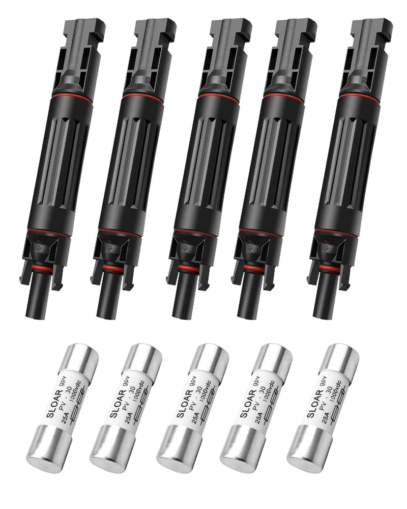 25A -1000V Solar Fuse Holder Inline with 5PCS Male and Female Connector, Weatherproof and Fire-Safe PV in-Line Fuse, 10PCS Black