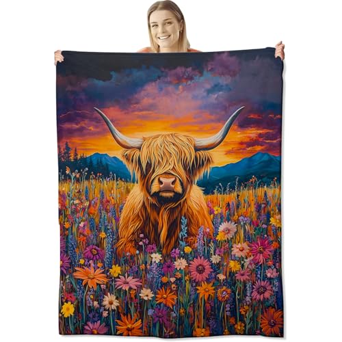 Highland Cow Flannel Throw Blanket 80x60 Inch, Cute Animal in Wildflower Field at Sunset, Vibrant Nature Art Style Blankets for Living Room, Bedroom, Sofa, Country Decor Gifts Throws 60"x80" Highland Cow01