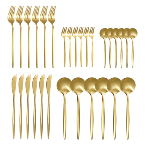30 Piece Gold Silverware Set for 6 Golden