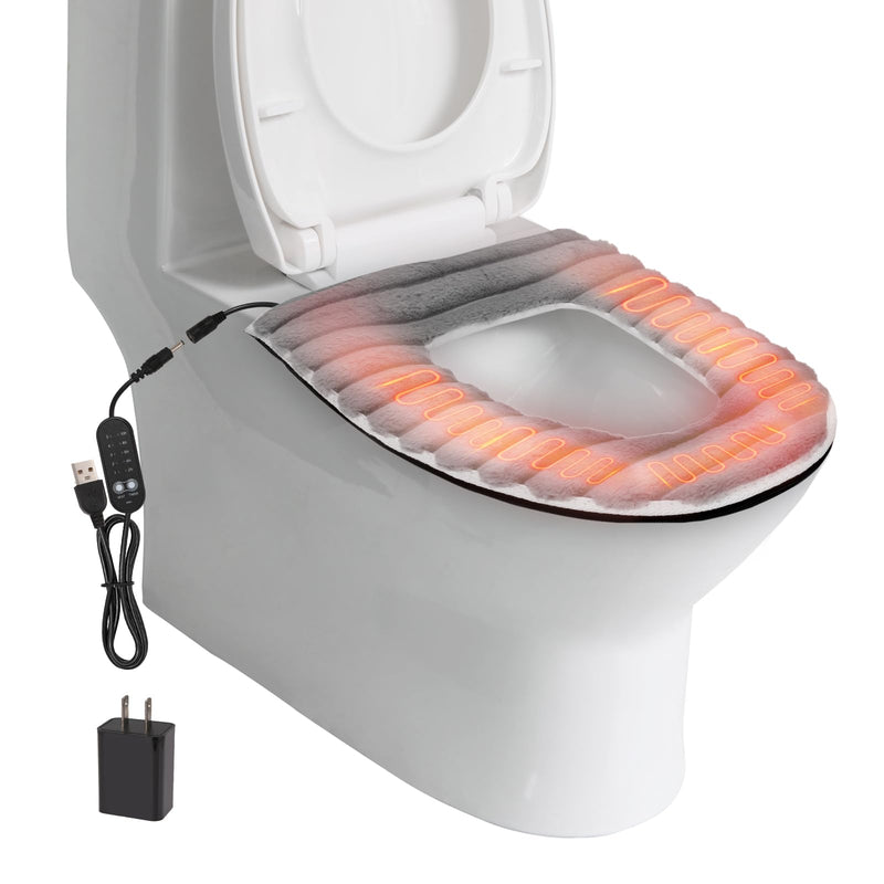 Heated Toilet Seat Cover,USB Powered Toilet Seat Warmer with Charger,5-Speed Adjustable Temperature and Timing Function,Levels Toilet Seat Cover with Soft Plush Fabric,Easy To Clean (Gray) Gray