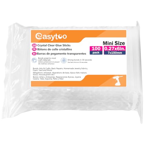 EASYTOO mini clear hot glue sticks, 0.27-inch diameter x 6-inch length, 100-pack for DIY crafts and repairs
