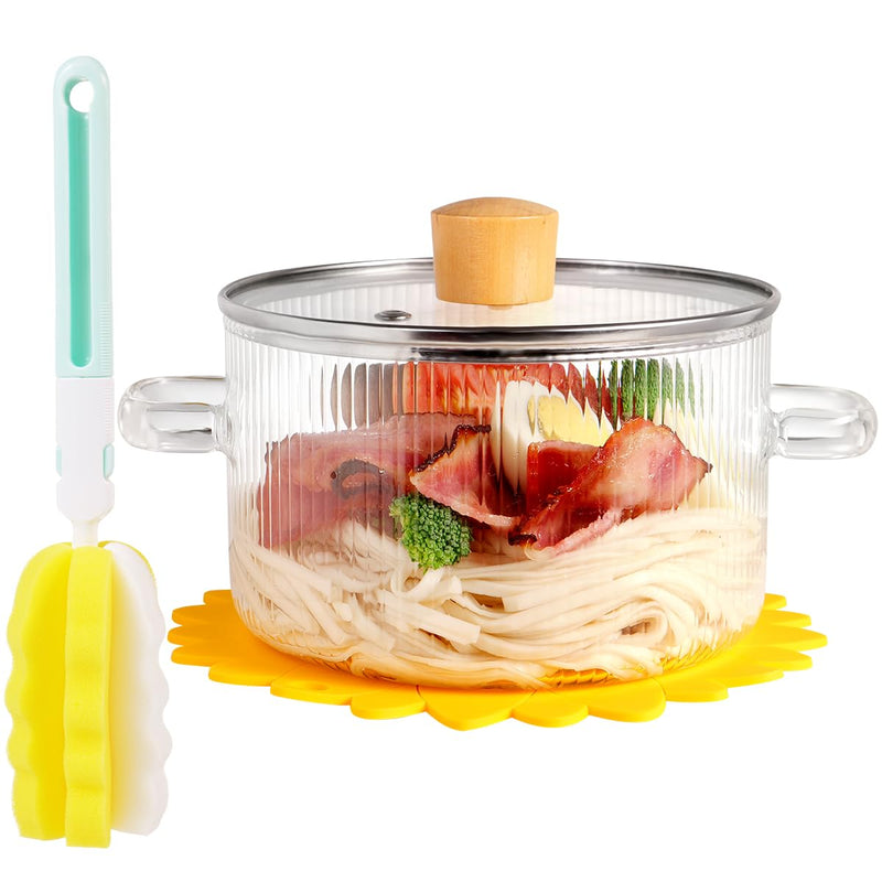 Clear Glass Cooking Pot With Lid And Brush On Stove - 1.5L(51oz) Borosilicate Glass Simmer Pot With Cover - Glass Cookware Stovetop Pot Set For Pasta Noodle, Soup, Milk 1.6 Quarts