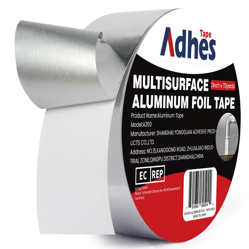 ADHES Heavy Duty Aluminum Foil Tape 2 Inch x 210 Feet(70 Yards) – Heat Resistant & Waterproof Silver Duct Tape – High-Temperature HVAC Tape for Ductwork, Sealing, Insulation, and Repairs 2in x 70yd
