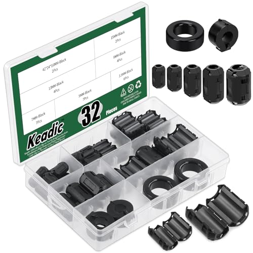 Keadic 32pcs Clip-on Ferrite Ring Core RFI EMI Noise Reducer Cable Clip Set, Anti-Interference Cable Clip for 3.5/5/7/9/13/15/16 mm R Telephones TVs Speaker Radio Audio Inner Diameter