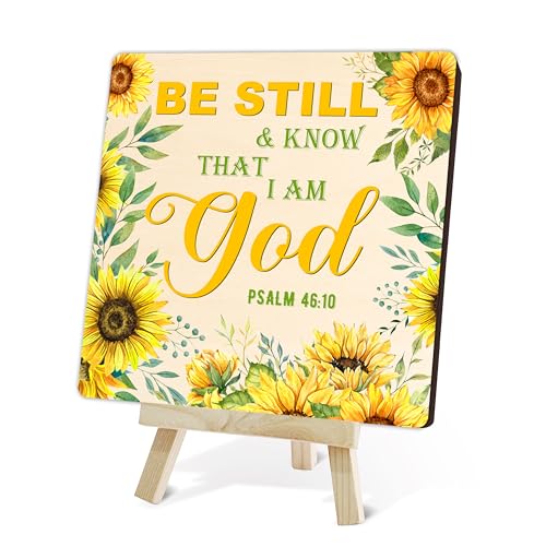 Christian Wood Sign, Be Still And Know That I Am God Bible Verse Gifts For Women, Sunflower Religious Wooden Plaque Desk Decor With Stand, Inspirational Christmas Gifts For Family Friends -10