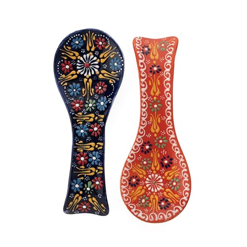 2 pcs Handmade Ceramic Spoon Rest for Kitchen Counter and Stove Top – Large Cooking Utensil Rest, Decorative Spoon Holder for Countertop (Orange-NavyBlue) Orange-NavyBlue