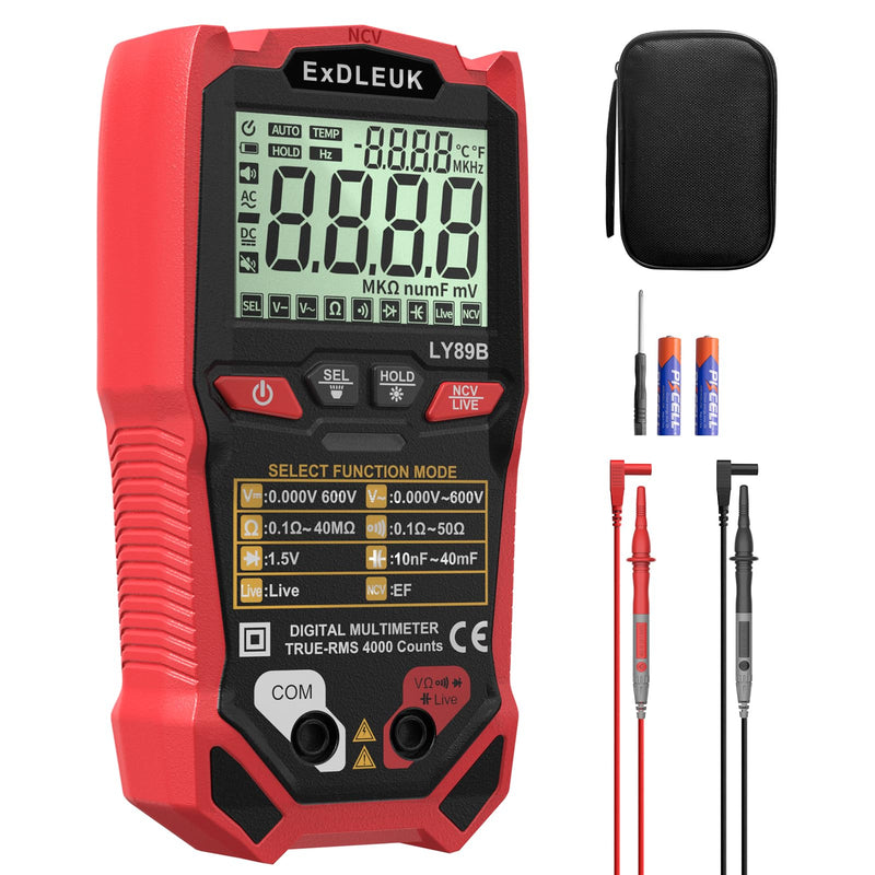 [Australia - AusPower] - Digital Multimeter Voltage Tester, 4000 Counts Smart Measurement Auto-Ranging Volt Meter, Non-Contact Tester Tools, Measures AC/DC Voltage, NCV, Capacitance, Resistance, Diode, Continuity & Live Wire Red 