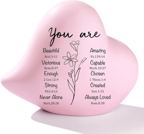 Pink Ceramic Heart Figurine, Christian Gift for Women, 4 Inch