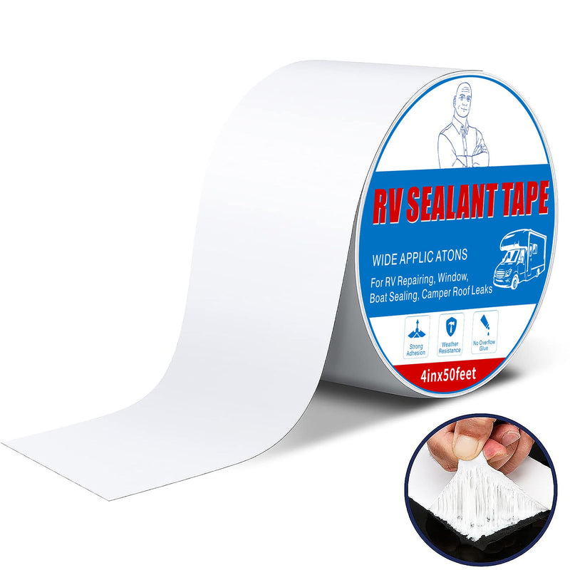 Rv Roof Tape White 4 Inch X 50 Feet, Waterproof Repair Sealant Tape UV-Resistant & Weatherproof Rv Awning Repair Tape for Window, Vent, Boat Sealing, Truck Camper Roof Patch kit Metal Roof Sealant 4in*50ft