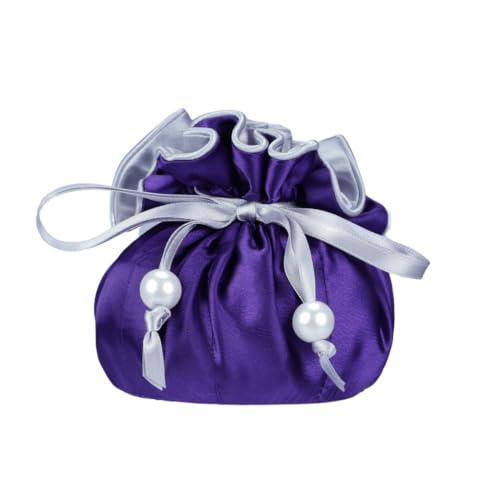 Marisa D'Amico Drawstring Premium Satin Jewelry Pouch with 8 Interior Pockets, Purple + Silver
