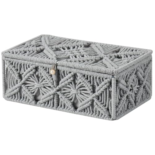 Decorative Boho Storage Baskets with Lid Natural Macrame Boxes Small Gray