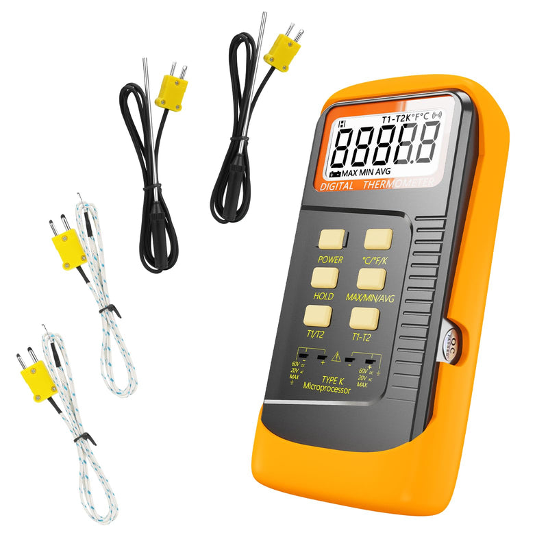 [Australia - AusPower] - Handheld Thermocouple Thermometer, 2 Channels K Type Thermocouple Probe and 4 Thermocouples, Measuring Range -50 to 1370°C(-58 to 2498°F), Contains 4 Thermocouple Probes 6802-04 