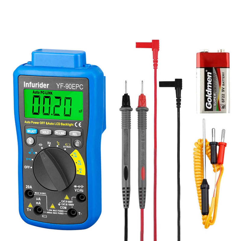 [Australia - AusPower] - Digital Multimeter Tester, Ohm Amp Volt Meter with PC Link, 4000 Counts Auto-ranging Voltmeter Ammeter DMM for AC DC Volt, Amp, Ohm, Cap,Temp and Battery Test 