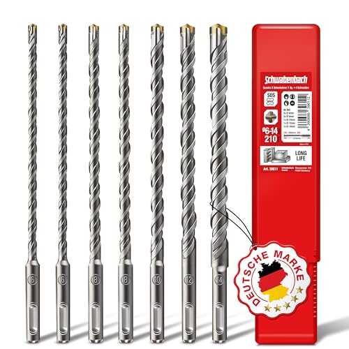SCHWABENBACH® SDS Plus Concrete Drill Bit Set - Super SDS Concrete Drill Bit Set 7 Pieces | 6 8 10 12 14 x 210 mm - Masonry Drill Compatible with Bosch Hilti Metabo Hammer Drill - for Hammer Drill SET 7 pieces. 6-14mm (210mm)