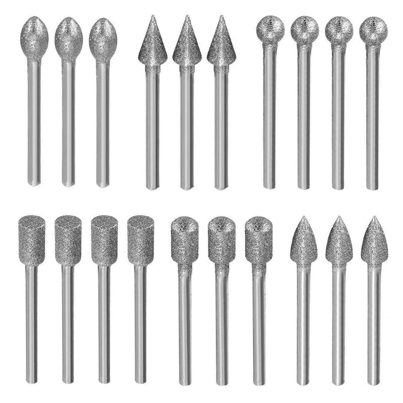 Diamond Cutter Set, 20 Pieces Diamond Burr Grinding Pins for Dremel Rotary Tool Accessories with 1/8 Inch Shank for Stone Glass Ceramic Carving, Grinding, Polishing, Engraving