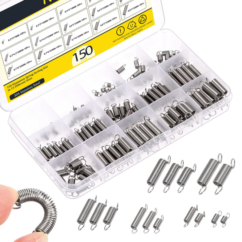 [Australia - AusPower] - 150Pcs 15 Sizes Stainless Steel Extension Springs Kit, Extension Spring with Hook Ends, Small Spring Compression Springs Mechanical Springs Tensile Spring for Home Repairs 150 