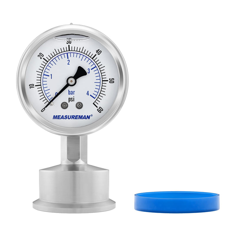 [Australia - AusPower] - MEASUREMAN Stainless Steel Sanitary Pressure Gauge, 2.5” Dial, 0-60 PSI, Glycerin-Filled for Accuracy, 1.5” Tri Clamp Bottom Mount for Food, Dairy, and Pharmaceutical Applications 0-60 psi/bar 