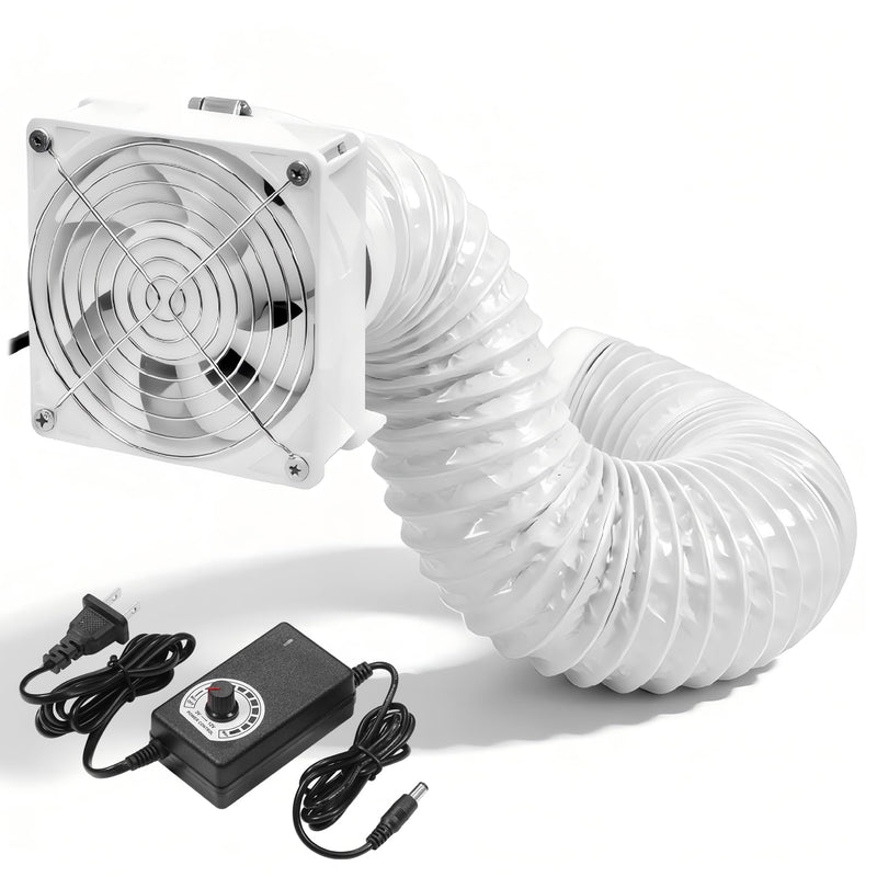 4in DC12V Fume Extractor Air Exhaust Fan Kit, White | 6.5ft Dryer Hose, 3000RPM 120*38mm, AC Controller, Dual Ball Bearings, For 3D Printer, 3D Laser, Grow Tent Model-B (with Duct Hose)