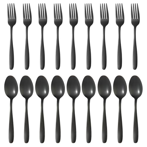 Set of 24 Amafox stainless steel black dinner forks and spoons, modern cutlery for dining and serving.