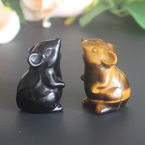 Hand Carved Mixed Gemstone Crystal Mouse Rat mice Figurine Animal Carving Statue Office Home Decor 1.5'' (Gold+Black) Gold+black