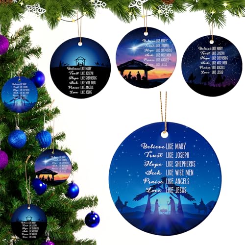 Syhood 4 Sets Christmas Nativity Ornaments 2025 Religious Nativity Scene Christmas Ornaments Ceramic Christian Bible Verse Hanging Decorations Jesus Gifts Keepsakes with Flannel Gift Bag for Xmas Tree