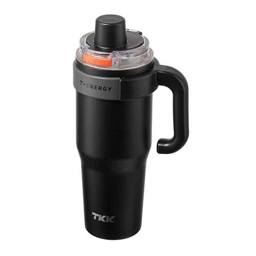 TKK 40 oz Insulated Tumblers with Handle and Straw, Stainless Steel Travel Mug with Ceramic Coating, Leak Proof Double Walled Iced Coffee Cup with Strainer for Hot & Cold Drinks, Black