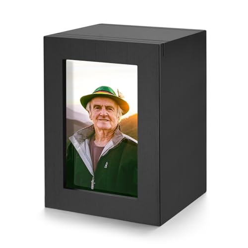 SOITIS Small Wood Urn for Human Ashes, Cremation Ashes Urns Black with Photo Frame - Mini Memorial Wood Urns Box, Decorative Keepsake Urn for Women Men - Small Size Urn Solid