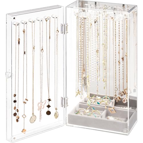 Lolalet Necklace Holder Organizer, Acrylic Jewelry Organizer with 24 Hooks, Rotating Clear Necklaces Display Box with Built-in Mirror, Dust-proof Jewelry Storage Case with Velvet Tray -Clearmirror 1 -Clearmirror