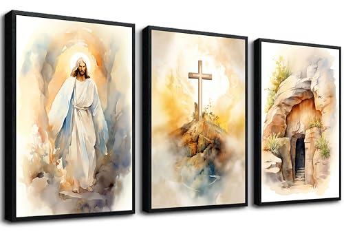 3Pcs Jesus Canvas Wall Art Bible Stories Wall Decor God Resurrection Ascension Painting Pictures Empty Tomb Cross Poster Prints for Bedroom Prayer Room Church Easter Home Decoration 16X24 16x24in