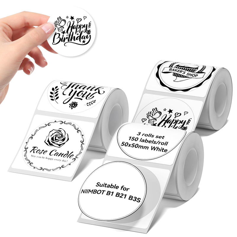 NIIMBOT Labels 3 Rolls Set for B1/B21/B31 Sticker Printer, 50x50mm (1.97'' x 1.97'') 150 Labels/Roll, Refill Labeling Tape for Home School Office Small Business (White Round) 50mm×50mm-white Round 3Rolls