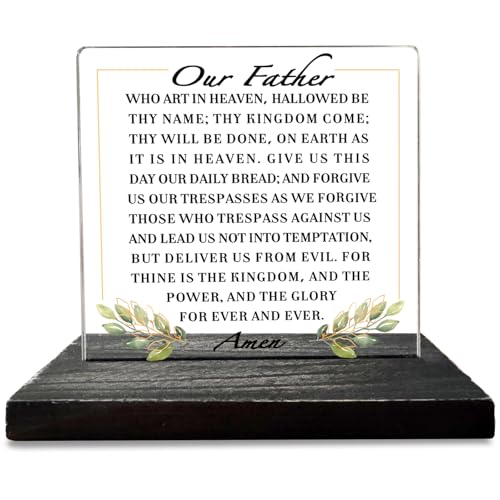 Akeke Our Father Christian Lord's Prayer Bible Verse Decor Desk Sign Plaque, 12 x 10 cm / 4 x 4.8 inches, Acrylic & Pine, Tabletop, Modern Farmhouse Style