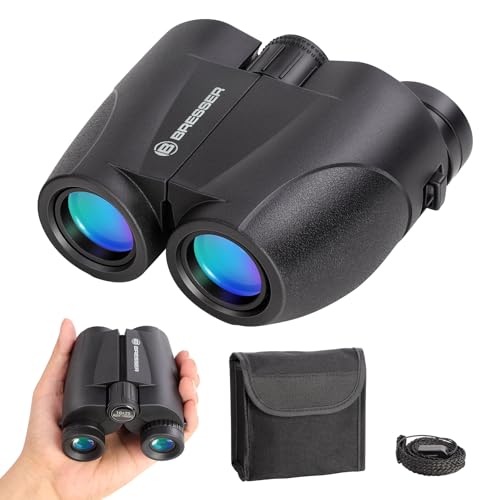 BRESSER 10x25 Binoculars for Adults and Kids, Folding Compact Binocular with Weak Light Vision, Lightweight Small Binoculars for Bird Watching, Travel, Concerts, Hunting, Hiking, Black