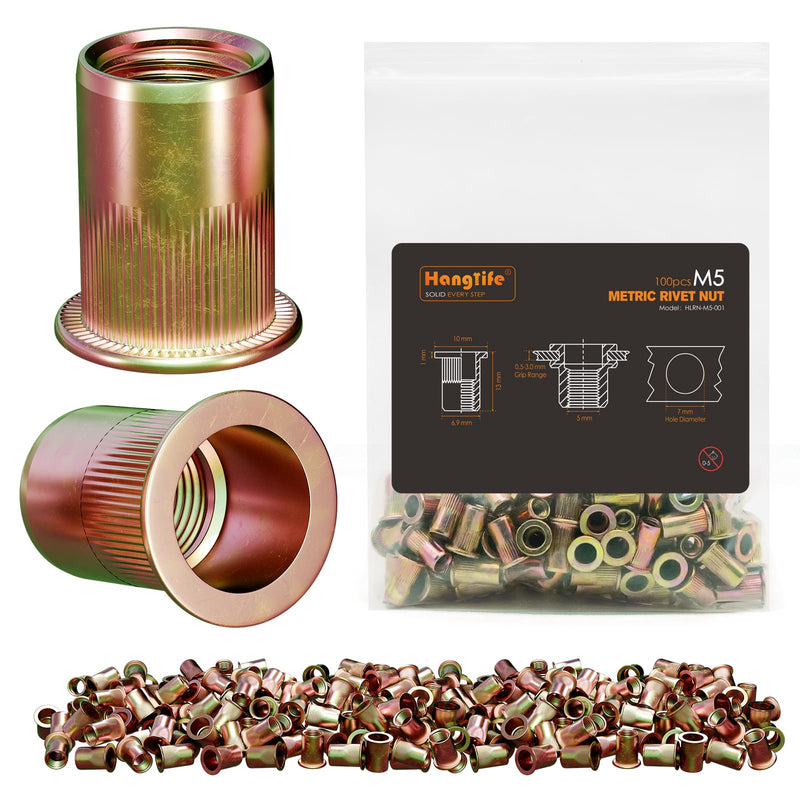 [Australia - AusPower] - Rivet Nut, M5 Metric Rivnut - Flat Head Nutserts, Zinc Plated Carbon Steel Knurled Body Threaded Insert Nuts, 100 Pieces M5(100pcs) 