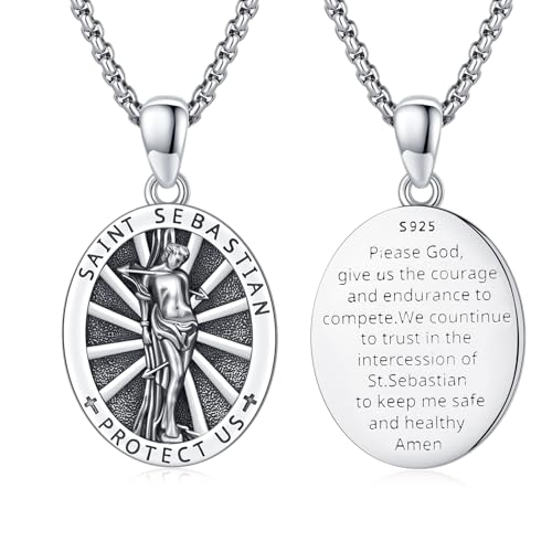 Silver/14K Gold Patron Saint Medal Amulet Necklace for Men Women 18A-St Sebastian-Silver Silver
