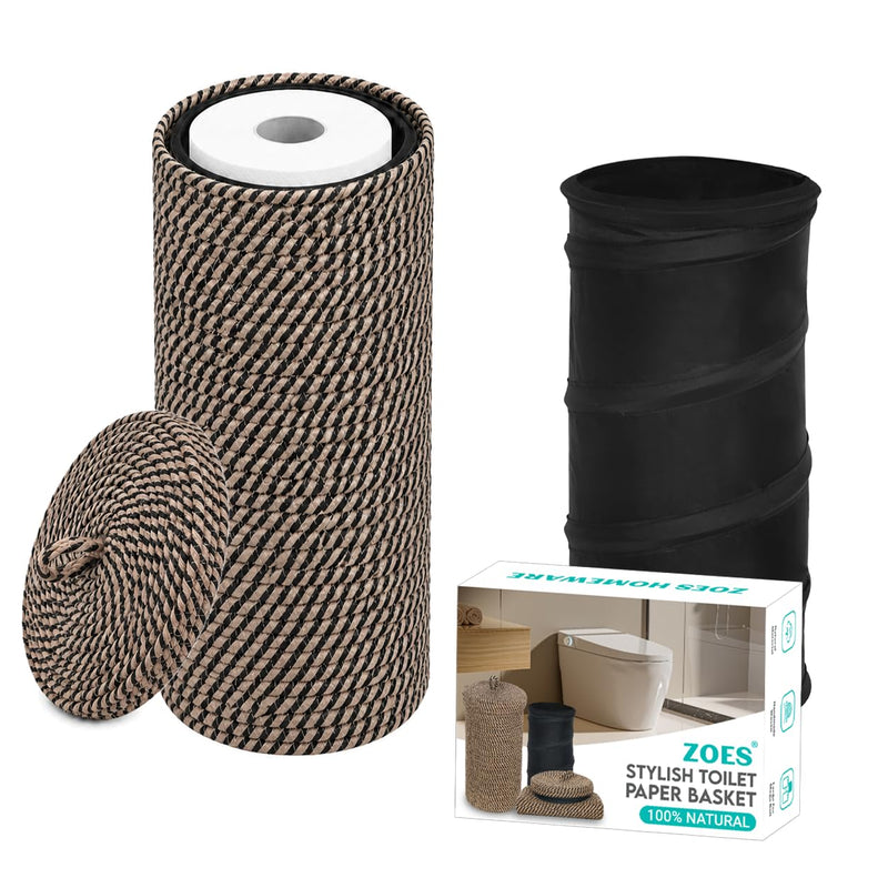 ZOES HOMEWARE Jute Toilet Paper Storage Basket with Lid,Bathroom Toilet Paper Holder Stand for 3 Mega Rolls,Tissue Holder for Bathroom with Removable Waterproof Insert, 7"x7"x13.5"