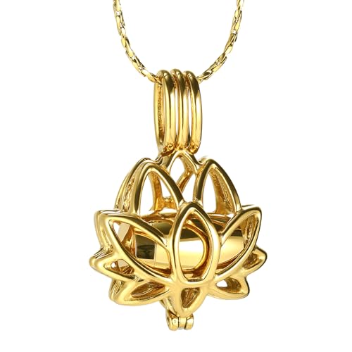 INBLUE Lotus Flower Ashes Pendant with Mini Urn Locket Necklace for Women Customized Text Cremation Jewelry for Ashes Memorial Keepsakes for Ashes of Loved One 02-Gold
